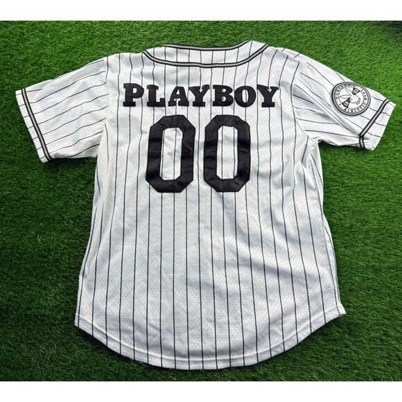 Playboy x Lids Pinstripe Baseball Jersey Sz L Gray Black Bunny Logo 00 Mens - Picture 2 of 10